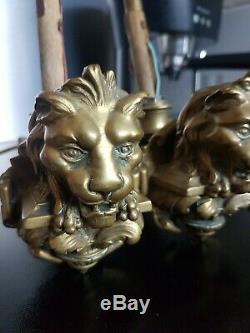 Pair Of Bronze Candlesticks Napoleon 3 Header Lion XIX Candlestick