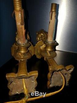 Pair Of Bronze Candlesticks Napoleon 3 Header Lion XIX Candlestick