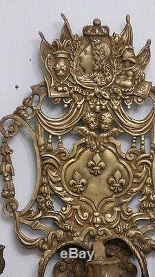 Pair Of Bronze Wall Lamps, Louis XIV Style, Royal Attributes, Nineteenth Time