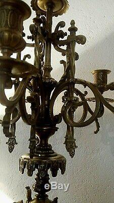 Pair Of Candelabra Xixth Gilded Bronze And Marble Cherry Red 80 CM