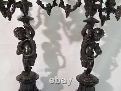 Pair Of Candelabras Bronze Marble Regulated At The Putti Era Xixth