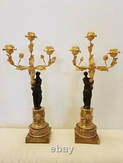 Pair Of Candelabras Era Bronze Empire Golden Early Xixeme