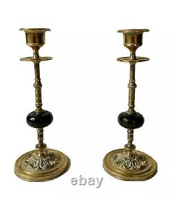 Pair Of Candlesticks Flambeaux Brass & Pierre Dure Tiger Eye Age 19th