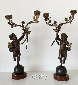 Pair Of Candlesticks In Bronze On A Marble Base Period Of The Nineteenth Century