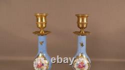 Pair Of Candlesticks In Flower And Golden Bronze Porcelain, Era XIX