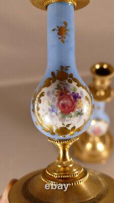 Pair Of Candlesticks In Flower And Golden Bronze Porcelain, Era XIX