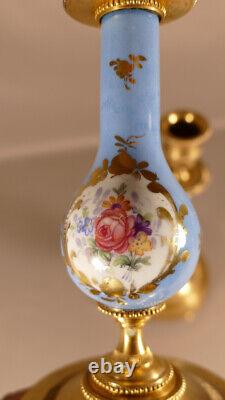 Pair Of Candlesticks In Flower And Golden Bronze Porcelain, Era XIX