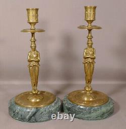 Pair Of Candlesticks In Golden Bronze And Green Marble, 19th Century