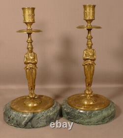 Pair Of Candlesticks In Golden Bronze And Green Marble, 19th Century