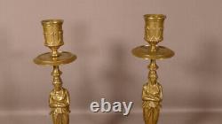 Pair Of Candlesticks In Golden Bronze And Green Marble, 19th Century