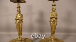 Pair Of Candlesticks In Golden Bronze And Green Marble, 19th Century