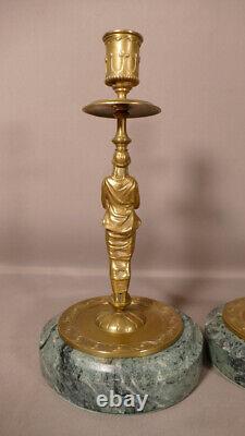 Pair Of Candlesticks In Golden Bronze And Green Marble, 19th Century