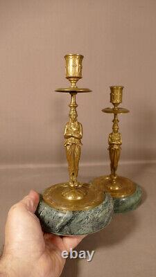 Pair Of Candlesticks In Golden Bronze And Green Marble, 19th Century