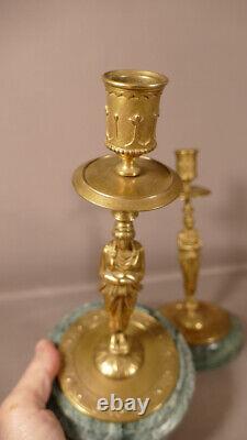 Pair Of Candlesticks In Golden Bronze And Green Marble, 19th Century