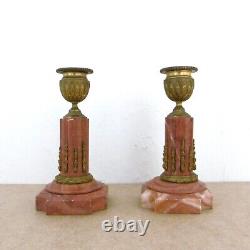 Pair Of Candlesticks In Rose Marble And Golden Bronze Mid-19th Century