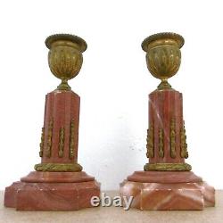 Pair Of Candlesticks In Rose Marble And Golden Bronze Mid-19th Century