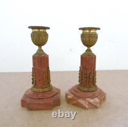 Pair Of Candlesticks In Rose Marble And Golden Bronze Mid-19th Century