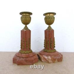 Pair Of Candlesticks In Rose Marble And Golden Bronze Mid-19th Century