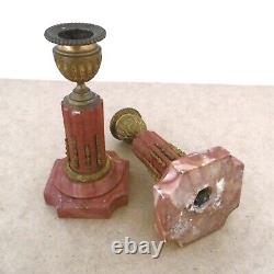 Pair Of Candlesticks In Rose Marble And Golden Bronze Mid-19th Century