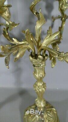 Pair Of Candlesticks Louis XV Gilt Bronze Rockery To5 Lights, Age XIX