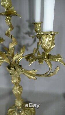 Pair Of Candlesticks Louis XV Gilt Bronze Rockery To5 Lights, Age XIX