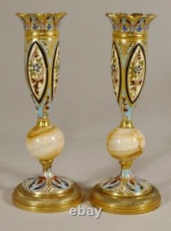 Pair Of Candlesticks Napoleon III Bronze And Cloisonné Onyx Time XIX