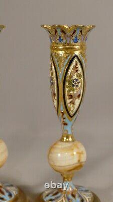 Pair Of Candlesticks Napoleon III Bronze And Cloisonné Onyx Time XIX