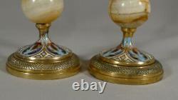 Pair Of Candlesticks Napoleon III Bronze And Cloisonné Onyx Time XIX