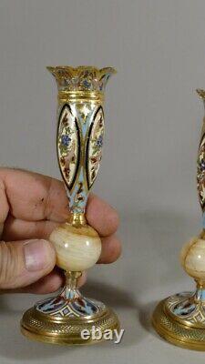 Pair Of Candlesticks Napoleon III Bronze And Cloisonné Onyx Time XIX