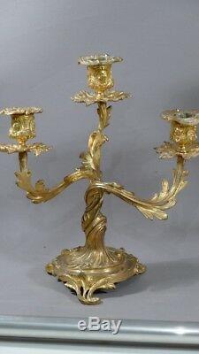 Pair Of Candlesticks Rockery Louis XV Gilt Bronze 3 Lights, Age XIX