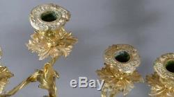 Pair Of Candlesticks Rockery Louis XV Gilt Bronze 3 Lights, Age XIX