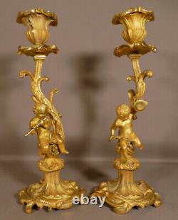 Pair Of Candlesticks To Musician Children In Golden Bronze, Era XIX