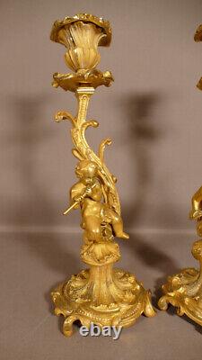 Pair Of Candlesticks To Musician Children In Golden Bronze, Era XIX