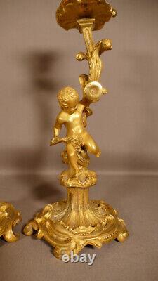 Pair Of Candlesticks To Musician Children In Golden Bronze, Era XIX