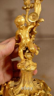 Pair Of Candlesticks To Musician Children In Golden Bronze, Era XIX