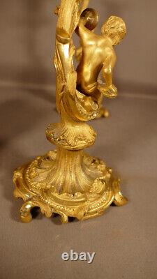 Pair Of Candlesticks To Musician Children In Golden Bronze, Era XIX