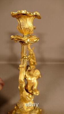 Pair Of Candlesticks To Musician Children In Golden Bronze, Era XIX