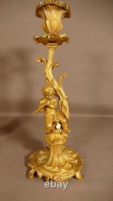 Pair Of Candlesticks To Musician Children In Golden Bronze, Era XIX