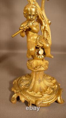 Pair Of Candlesticks To Musician Children In Golden Bronze, Era XIX