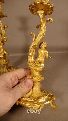 Pair Of Candlesticks To Musician Children In Golden Bronze, Era XIX