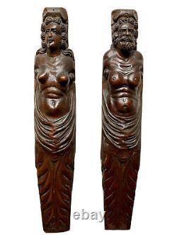 Pair Of Cariatides Wood Sculpted Woman Male Xixth Woodwork Style High Age
