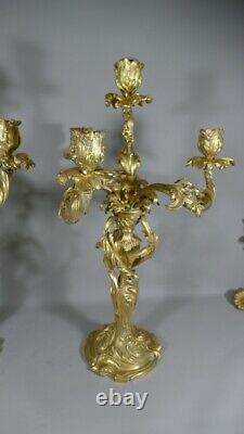 Pair Of Chandeliers Louis XV Rocaille En Bronze Doré, Époque XIX Ème