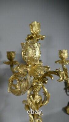 Pair Of Chandeliers Louis XV Rocaille En Bronze Doré, Époque XIX Ème