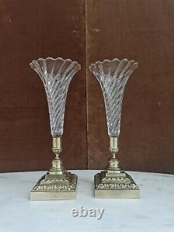 Pair Of Cornets Vases, Crystal And Bronze, Epoch Late Xixth