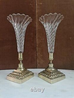 Pair Of Cornets Vases, Crystal And Bronze, Epoch Late Xixth