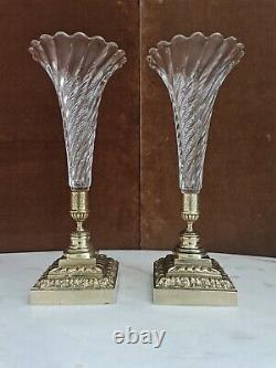 Pair Of Cornets Vases, Crystal And Bronze, Epoch Late Xixth