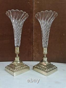 Pair Of Cornets Vases, Crystal And Bronze, Epoch Late Xixth