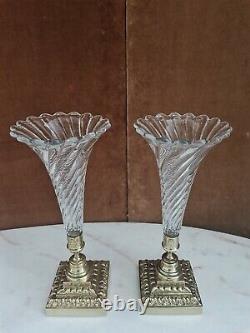 Pair Of Cornets Vases, Crystal And Bronze, Epoch Late Xixth