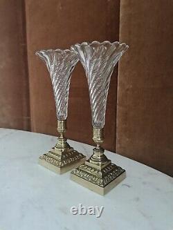 Pair Of Cornets Vases, Crystal And Bronze, Epoch Late Xixth