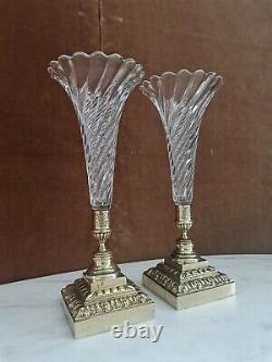 Pair Of Cornets Vases, Crystal And Bronze, Epoch Late Xixth